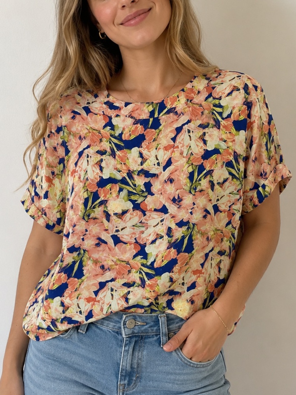 J. Crew Navy Floral Short-Sleeve Blouse with Peach and Cream Flowers